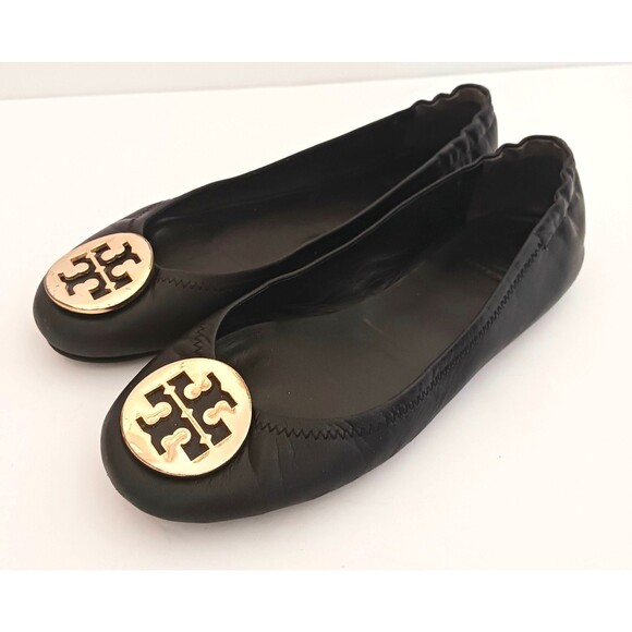 Tory Burch Minnie Ballet Flat Blk Leather Gold Logo Flexible Sole 8.5M - Picture 5 of 10